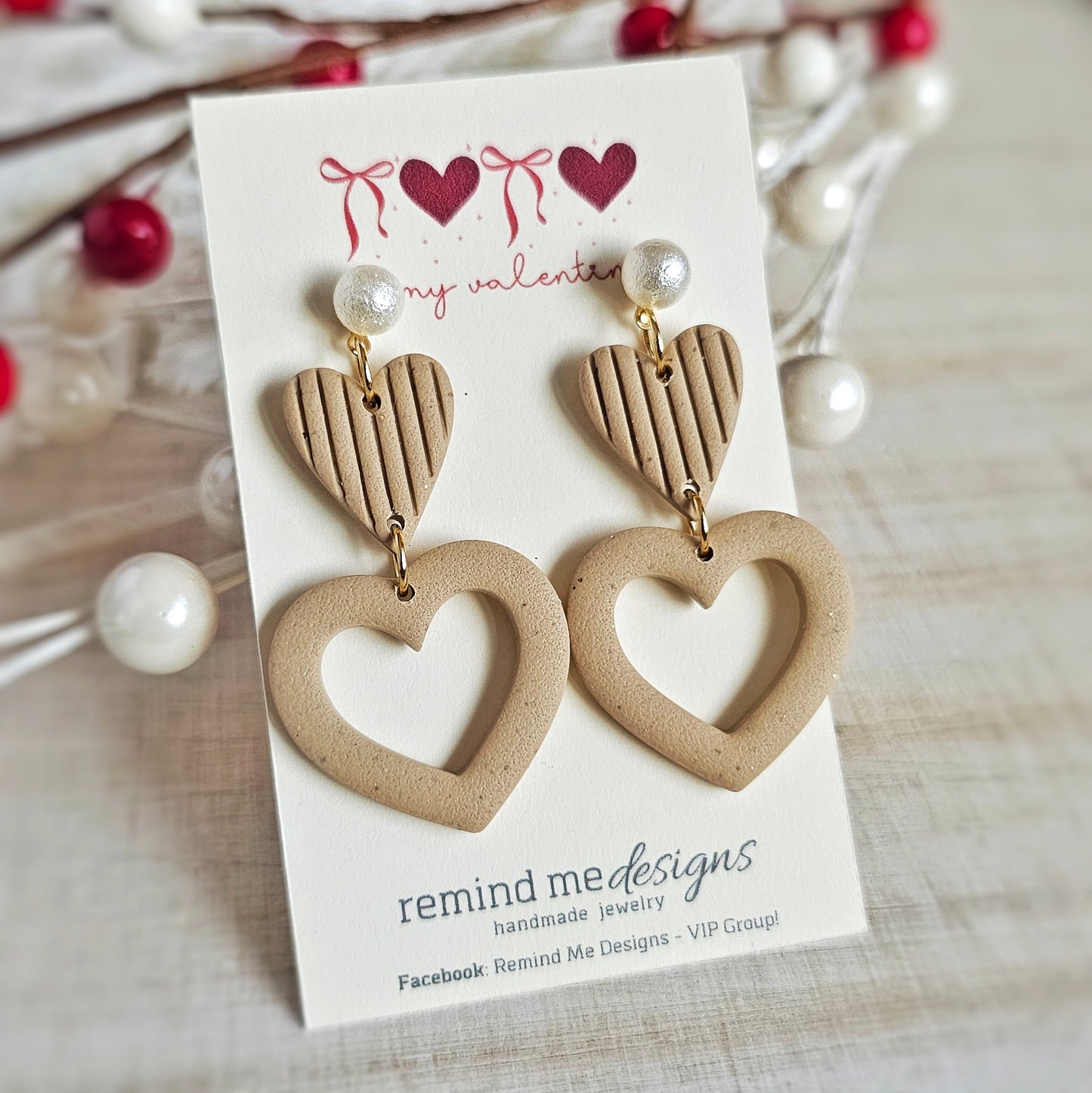 Tan Heart Shape Valentine's Clay Dangle Earrings
