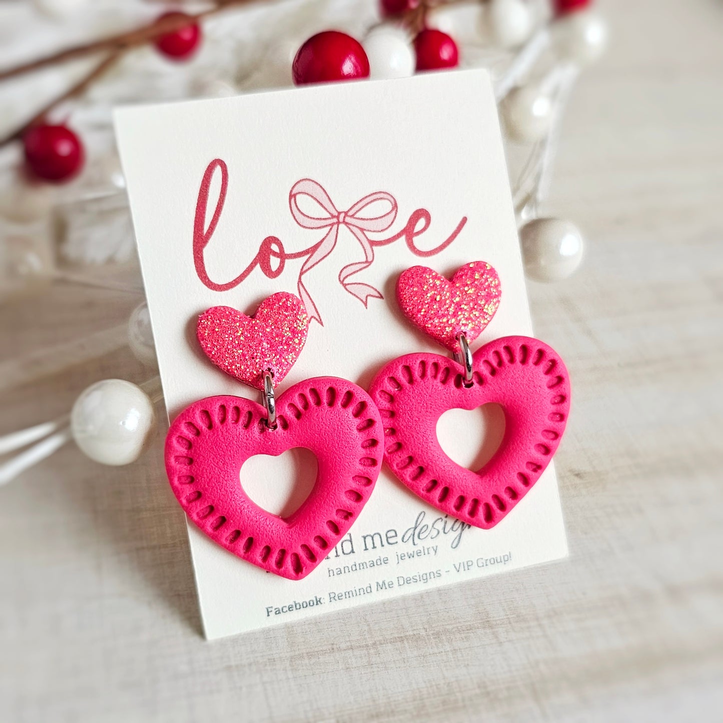 Glitter Pink Heart Valentine's Clay Dangle Earrings