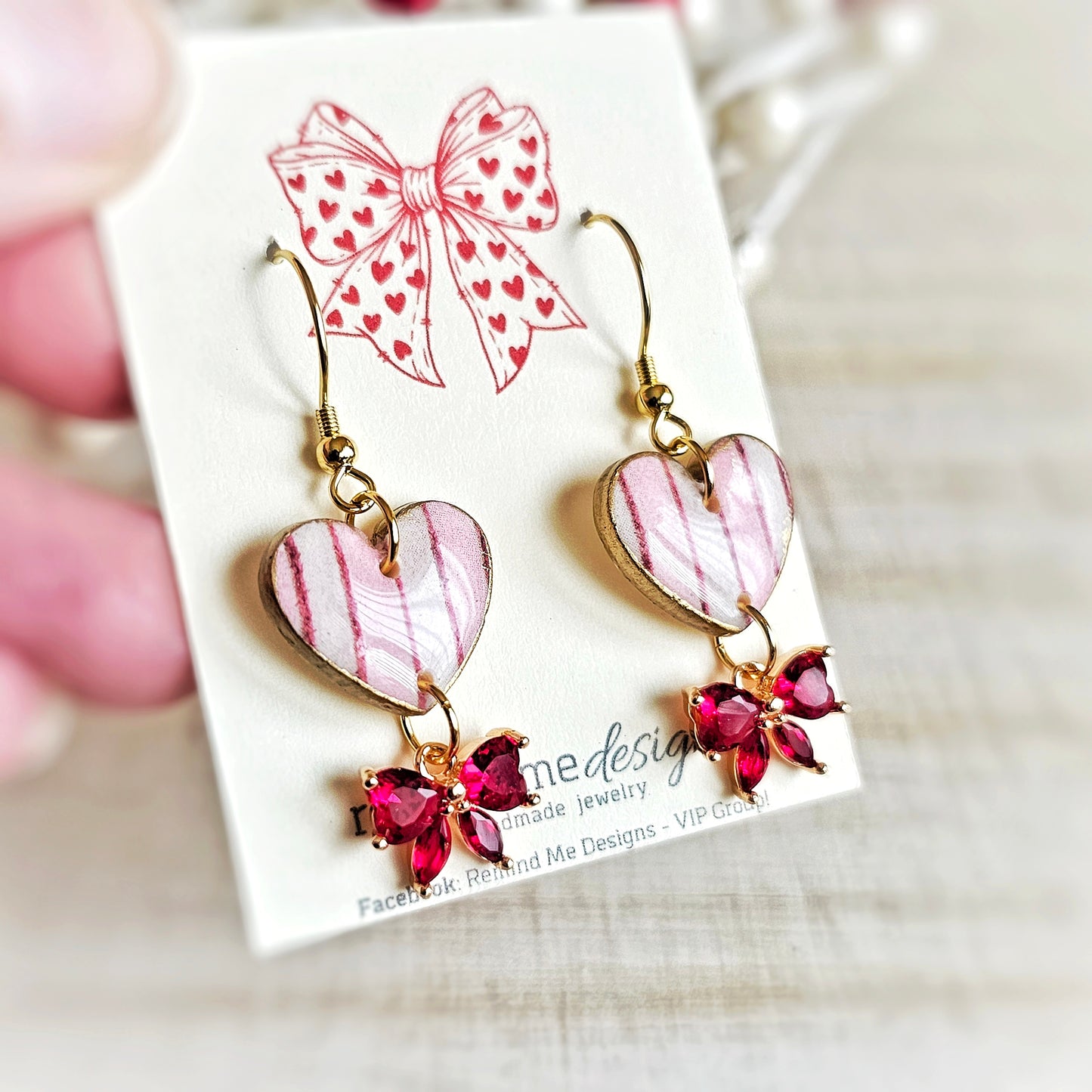 Pink and White Stripe Tiny Heart and Bow Valentine's Clay Dangle Earrings
