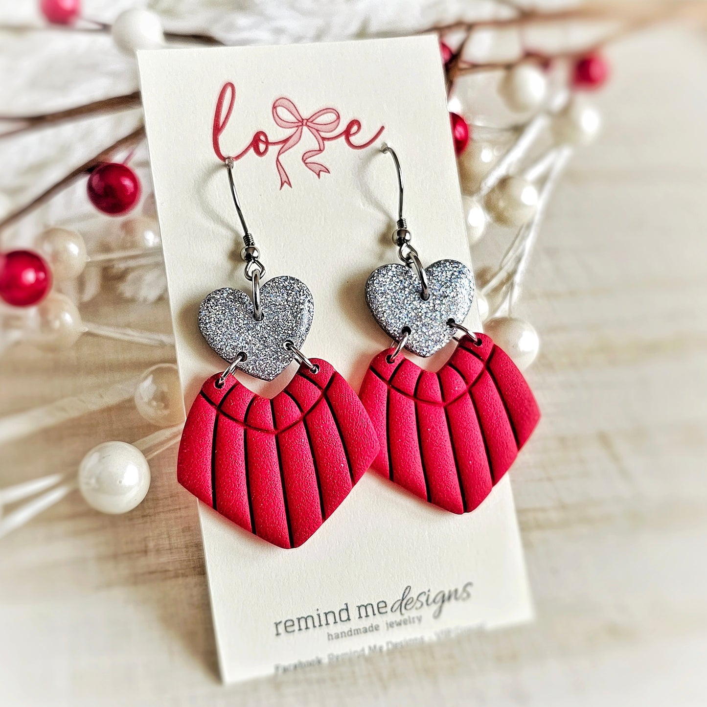 Red Silver Heart Shape Valentine's Clay Dangle Earrings