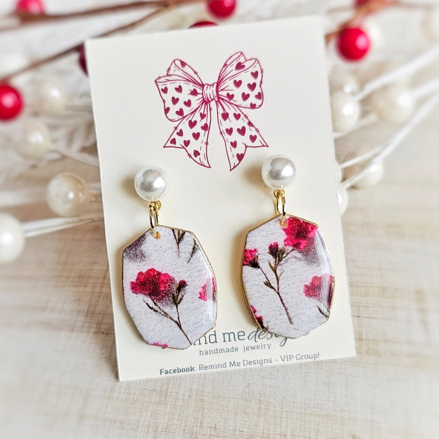 Pearl Stud and Roses Print | Valentine's Clay Dangle Earrings