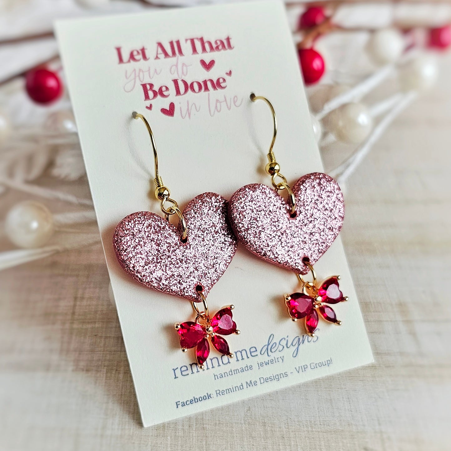 Pink Glitter Heart with Red Bow | Valentine's Clay Dangle Earrings