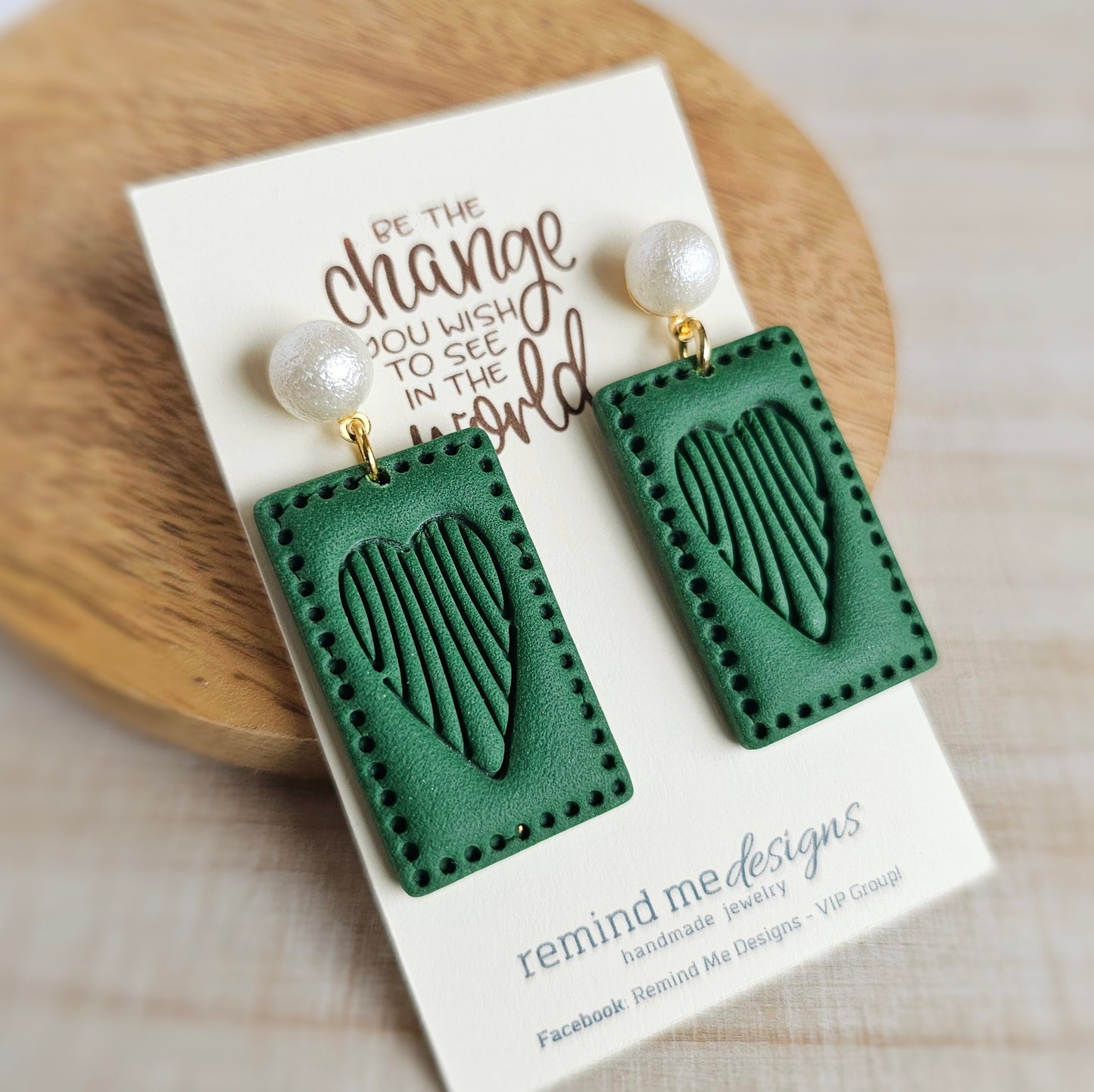 Faux Pearl Stud and Green Polymer Clay Dangle Earrings
