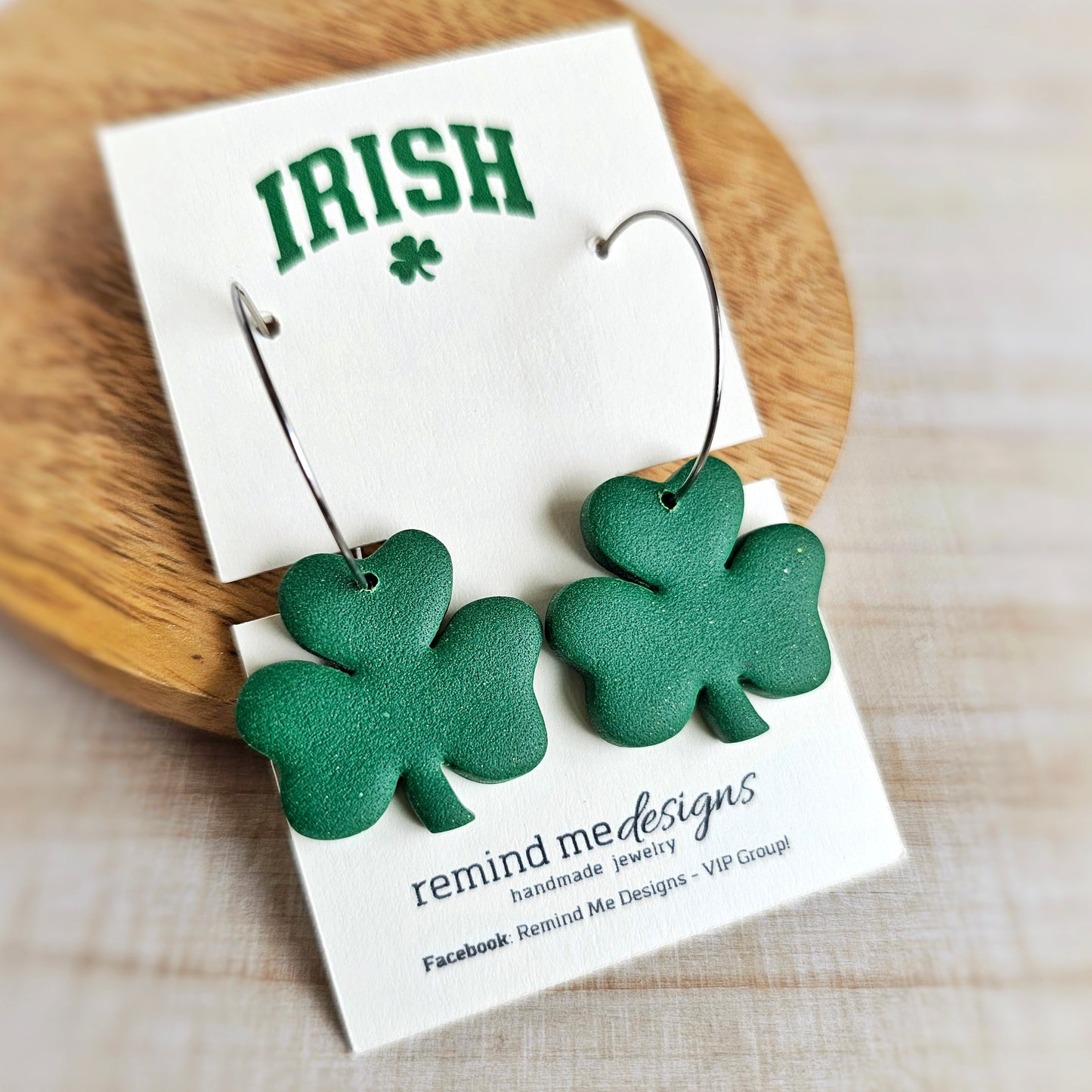 Green Shamrock Clay Dangle Hoops Earrings