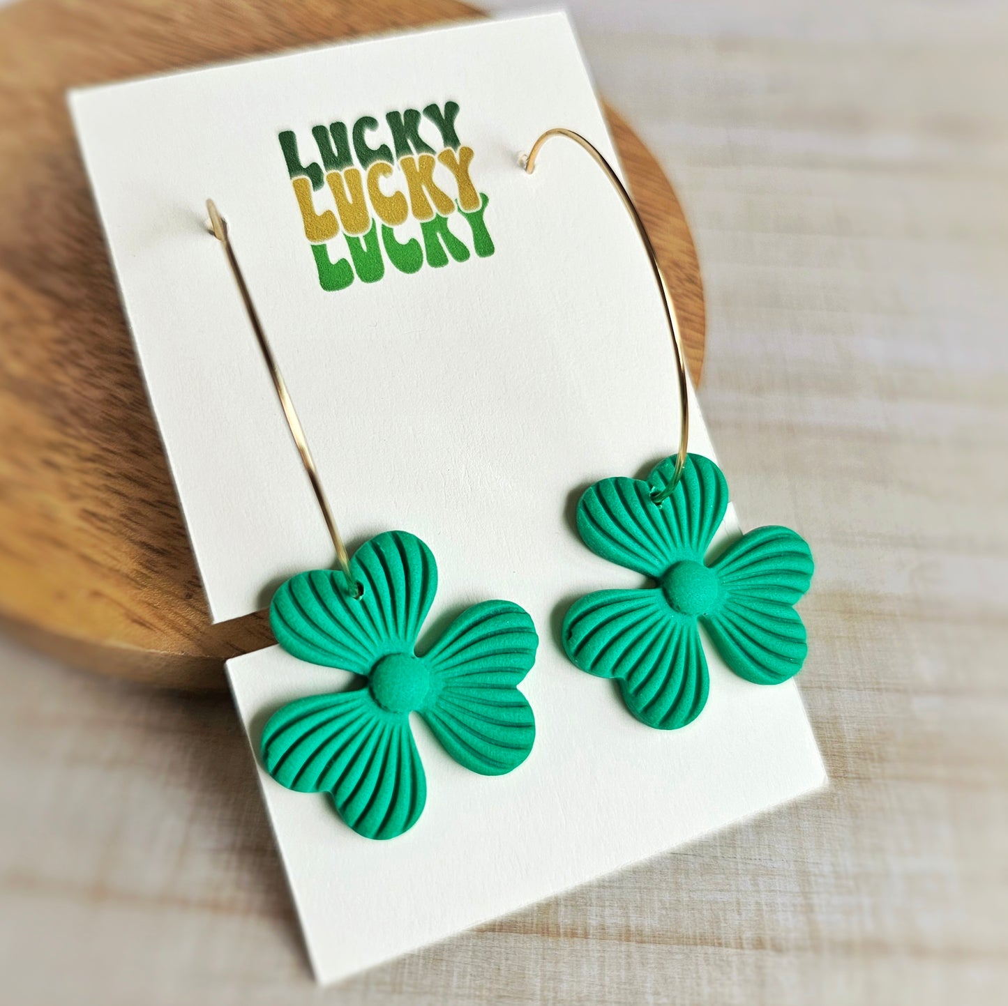 Green Shamrock Clay Dangle Hoops Earrings