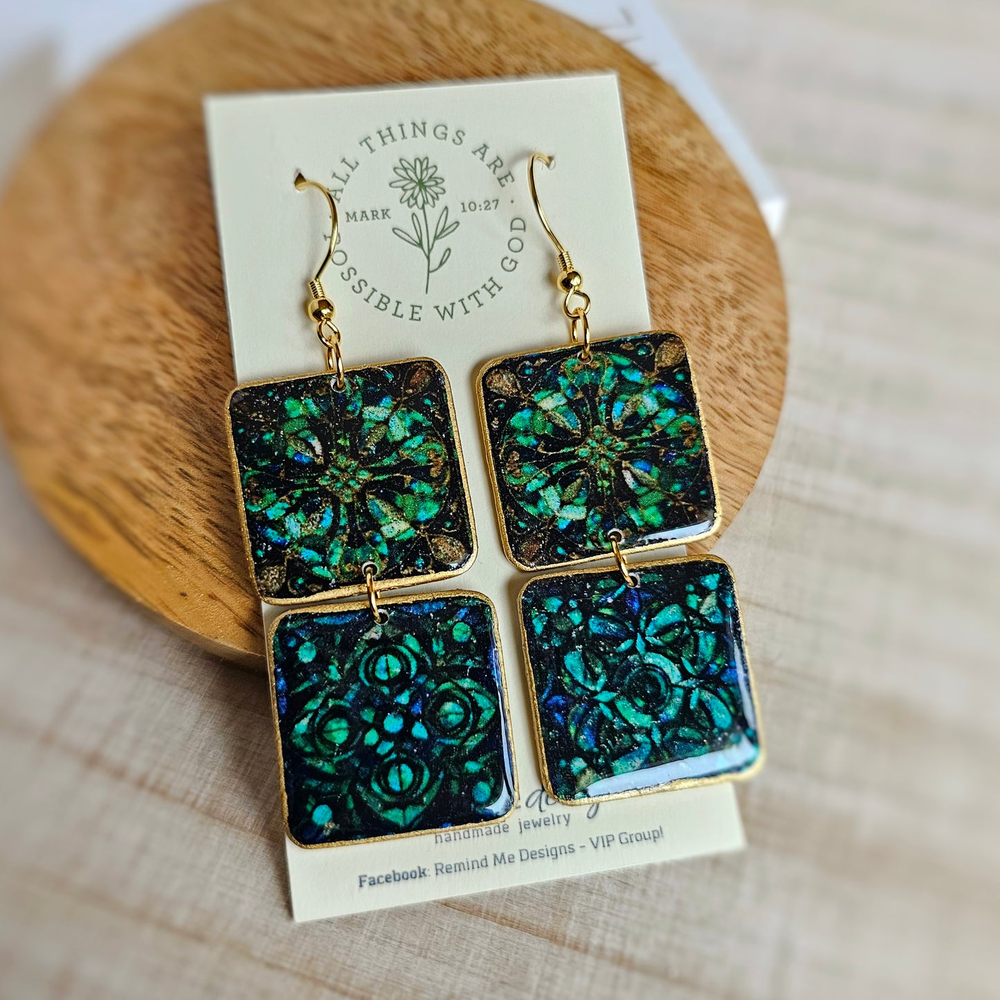 Emerald Green Stained Glass Clay Dangle Earrings
