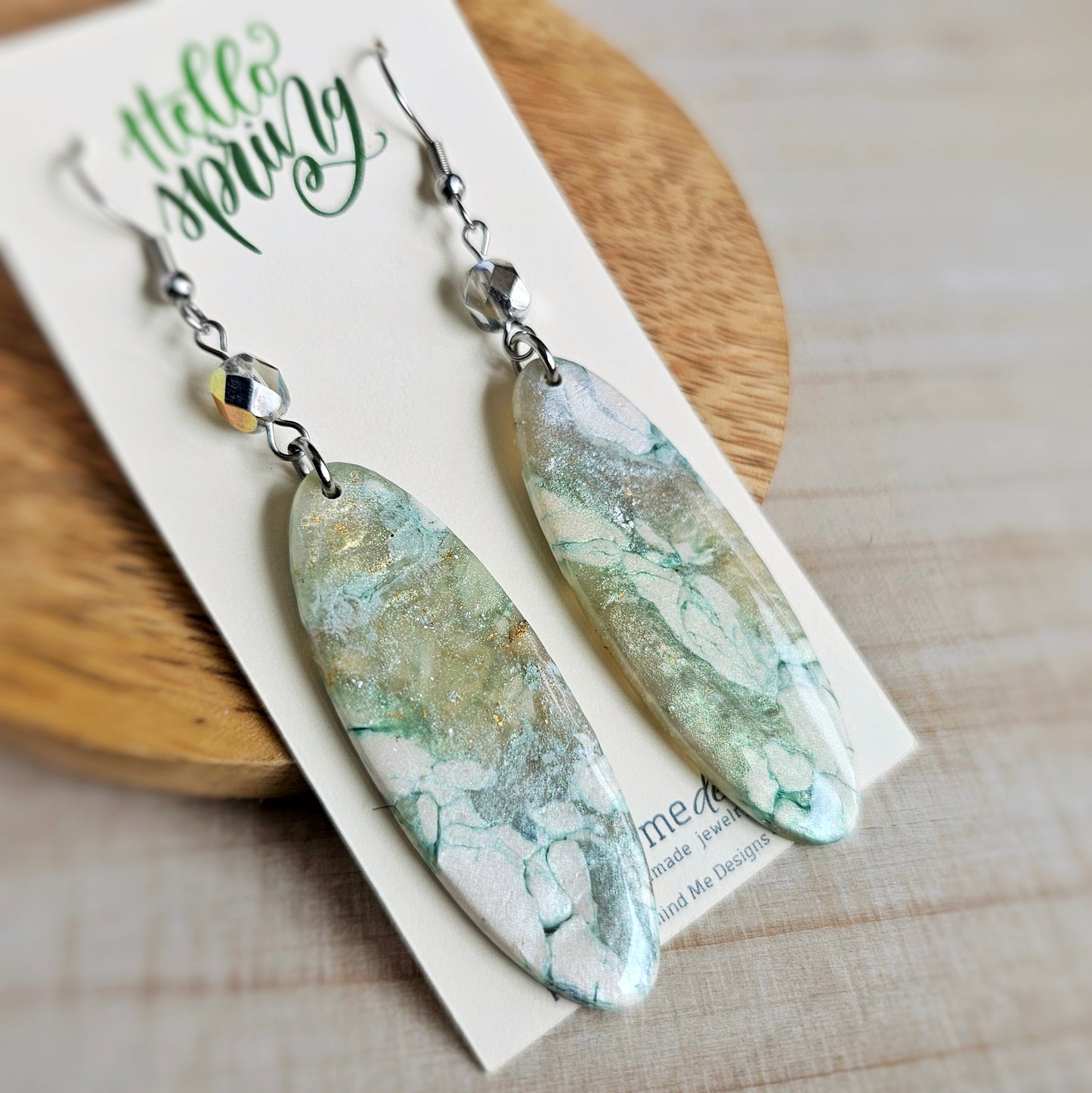 White, Light Green and Silver Marbled Clay Dangle Earrings