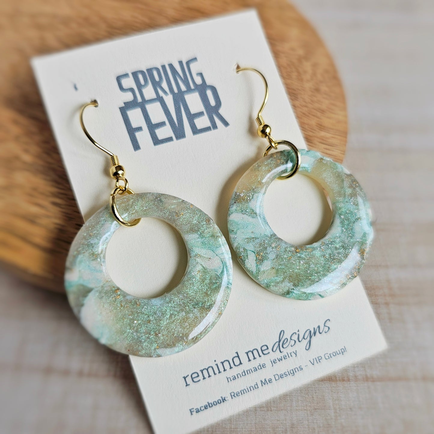 White, Light Green and Gold Marbled Clay Dangle Earrings