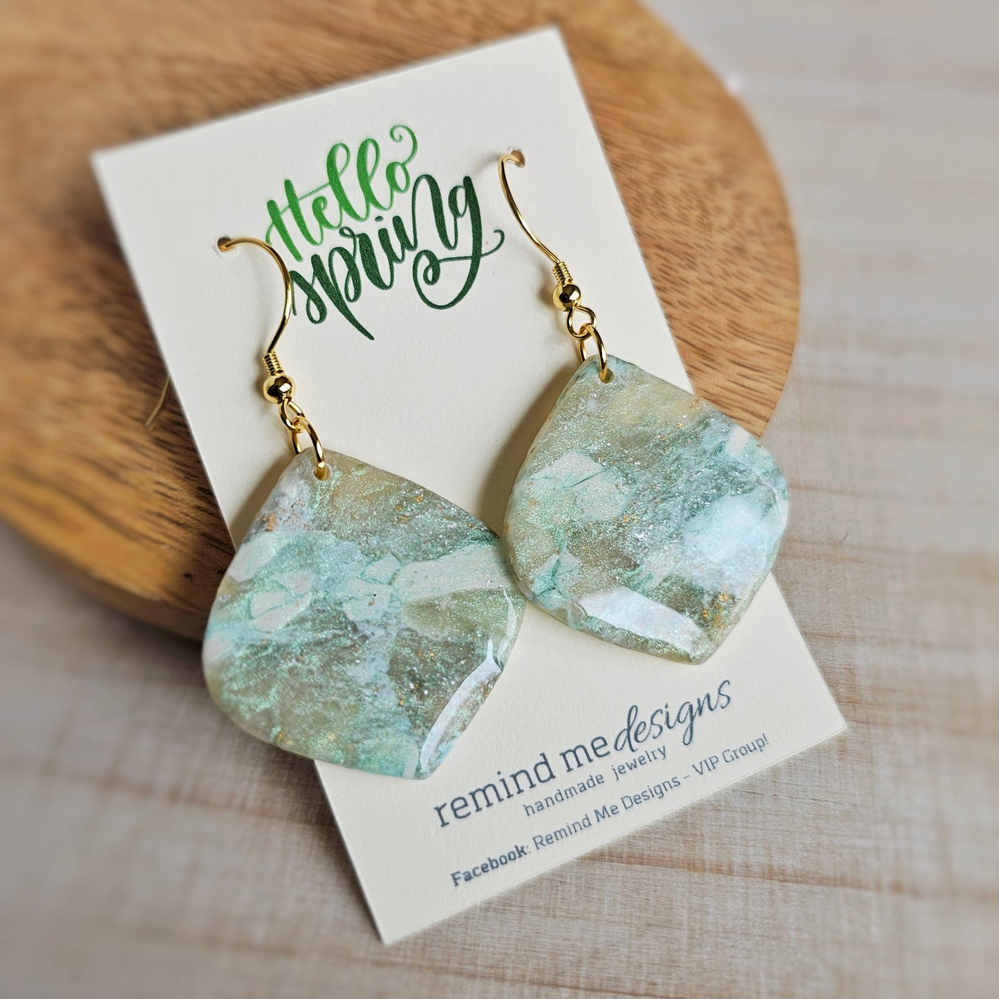 White, Light Green and Gold Marbled Clay Dangle Earrings