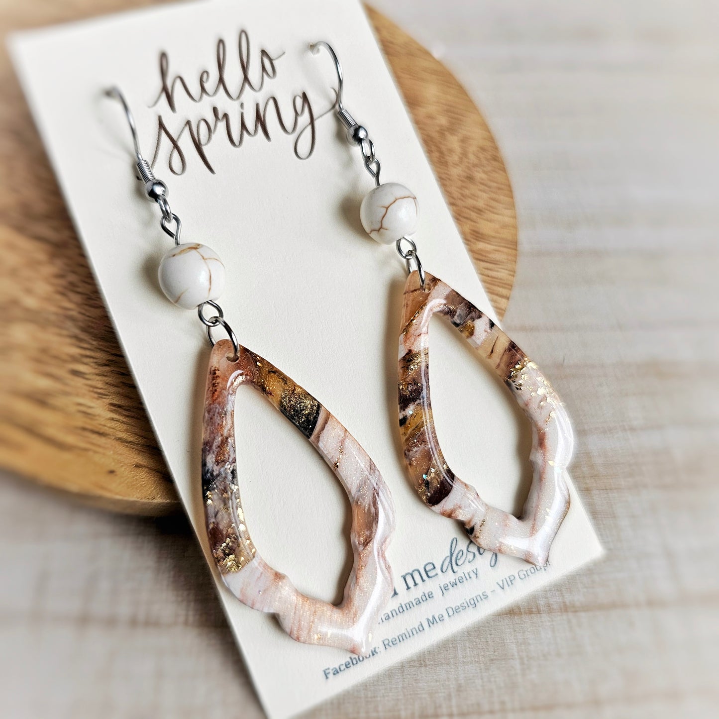 White, Brown, Gold and Black Marbled Clay Dangle Earrings