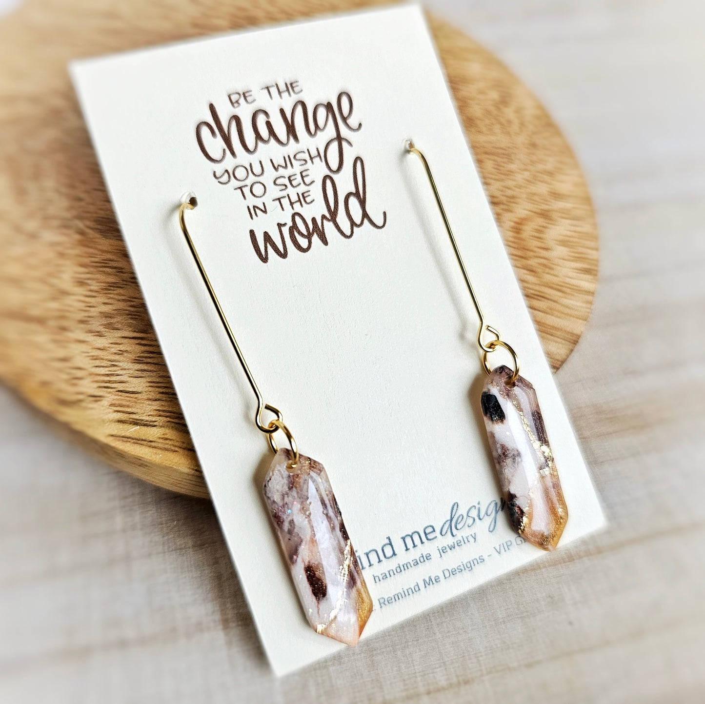 White, Brown, Gold and Black Marbled Clay Dangle Earrings