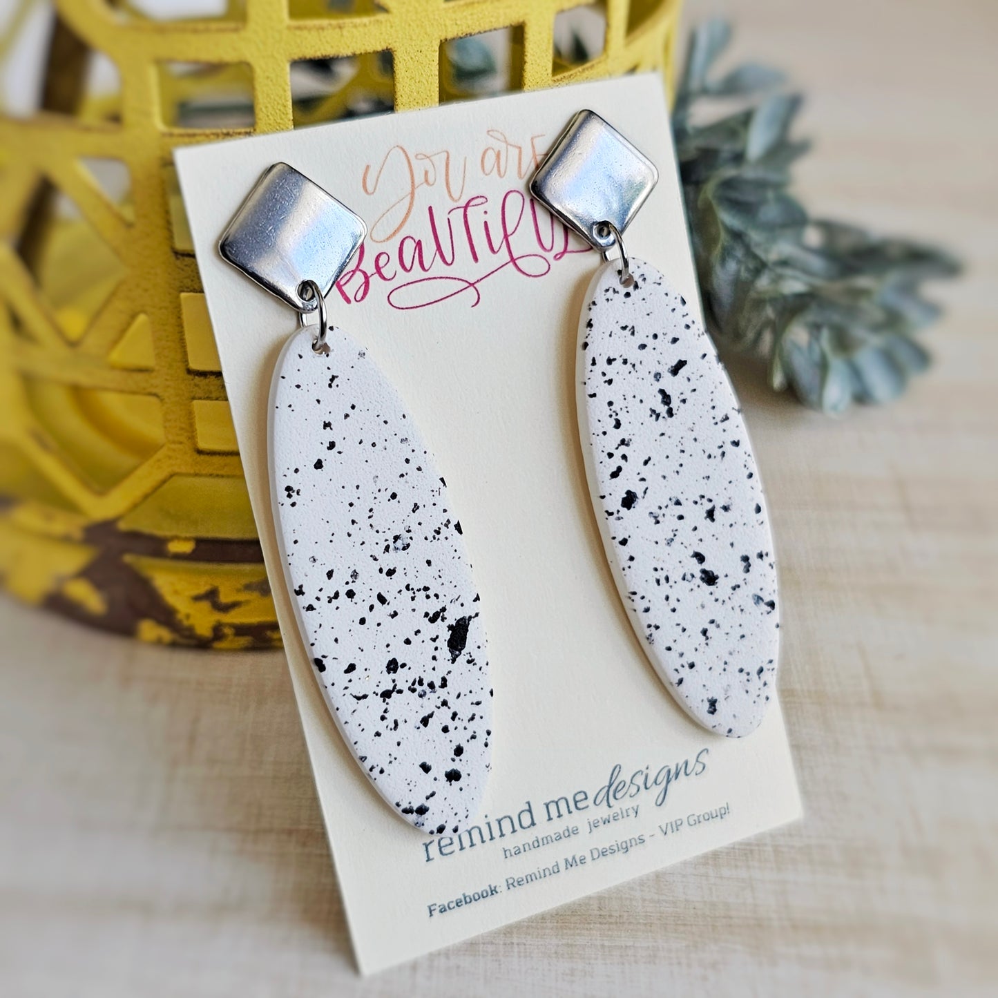 White and Black Clay Dangle Earrings