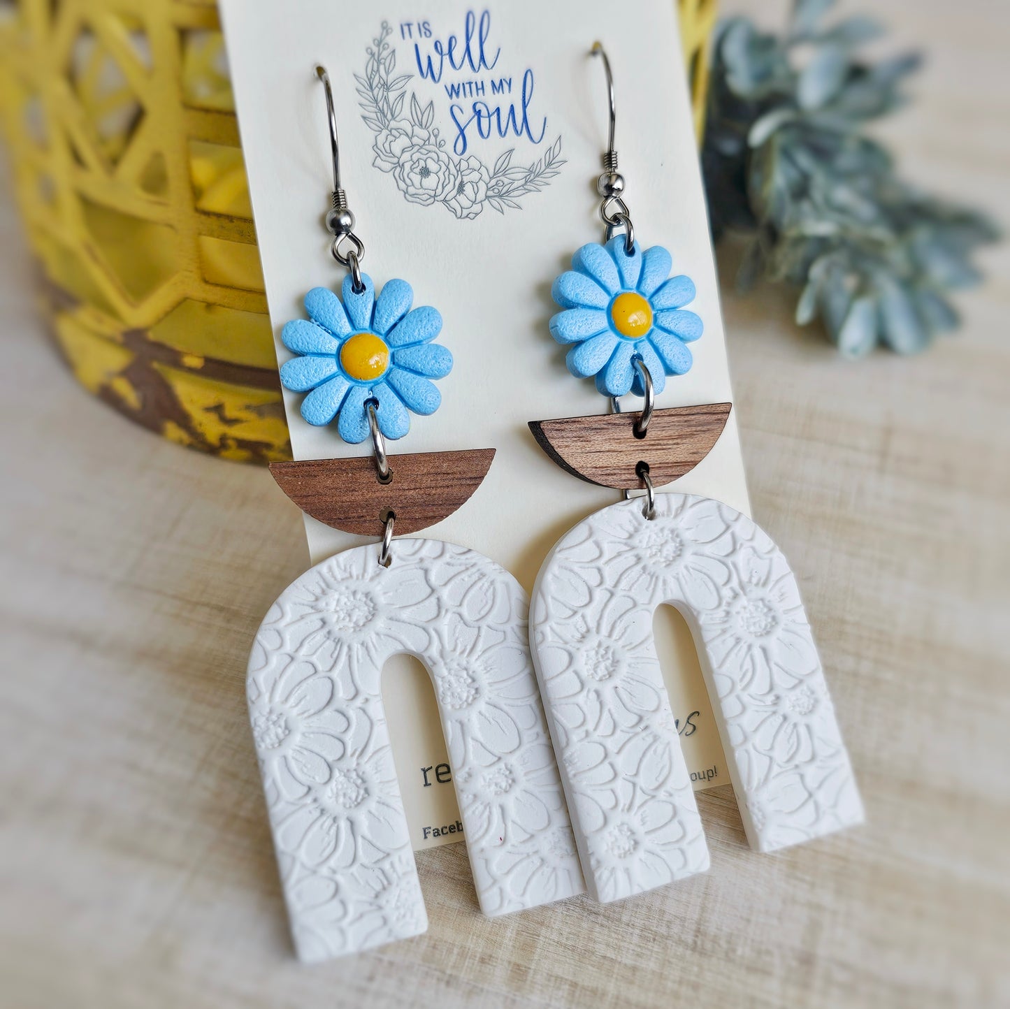Light Blue Flower and White Clay Dangle Earrings