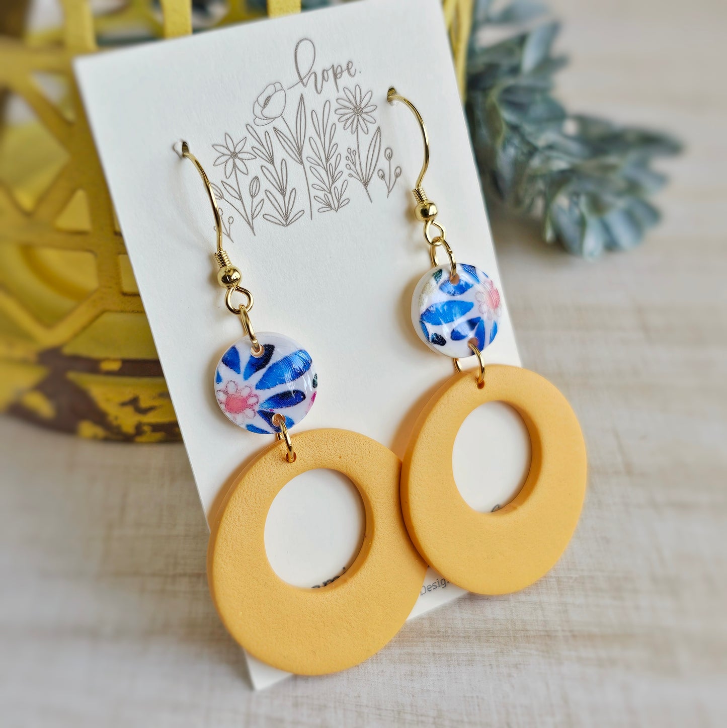 Colorful Floral and Yellow Clay Dangle Earrings