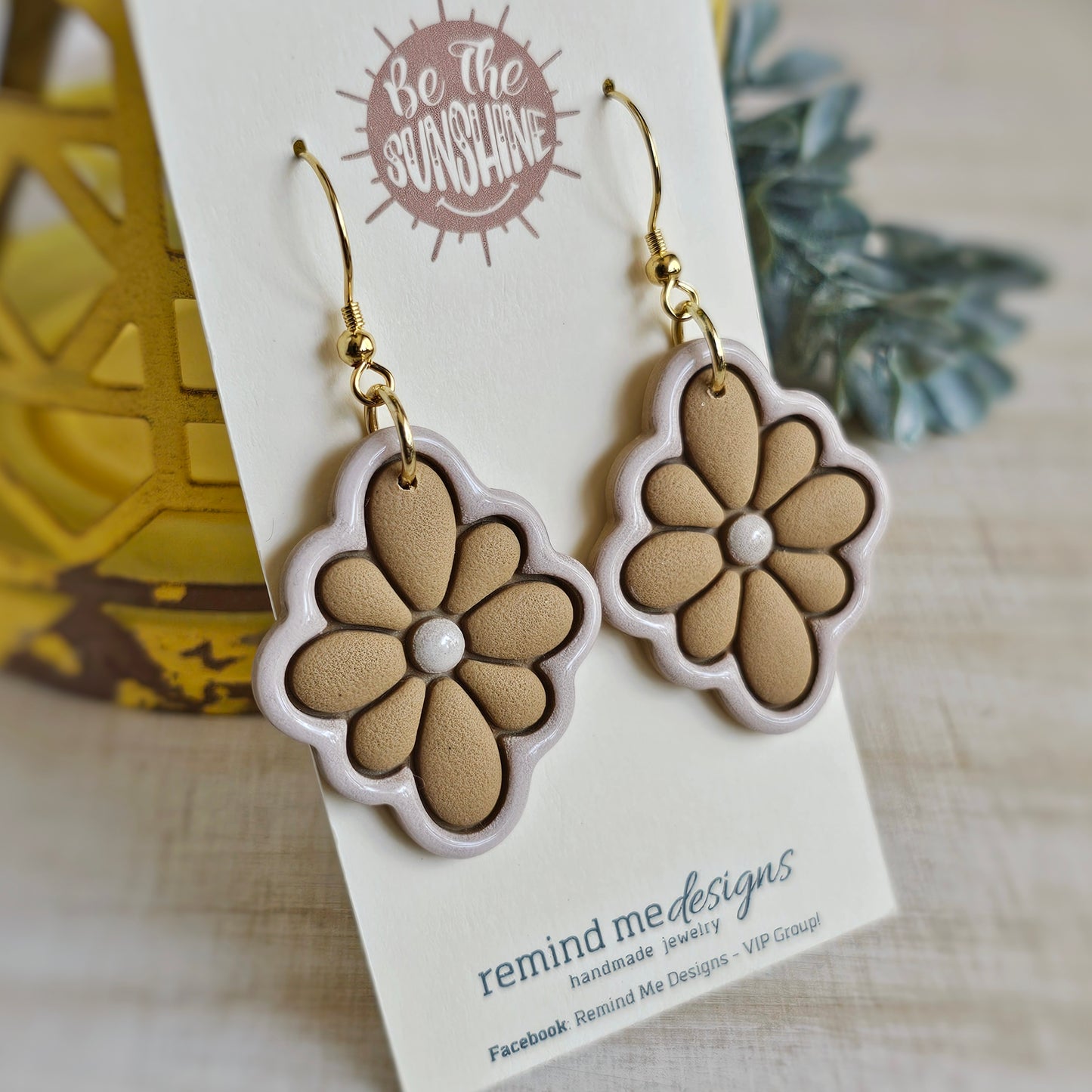 Tan Flower Clay Dangle Earrings