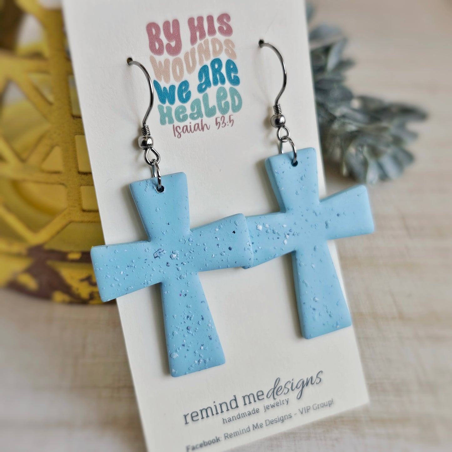 Light Aqua Blue Cross Clay Dangle Earrings