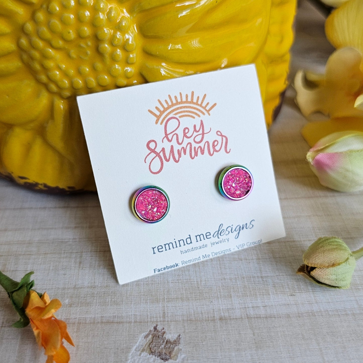 Pink Iridescent Druzy Stud Earrings