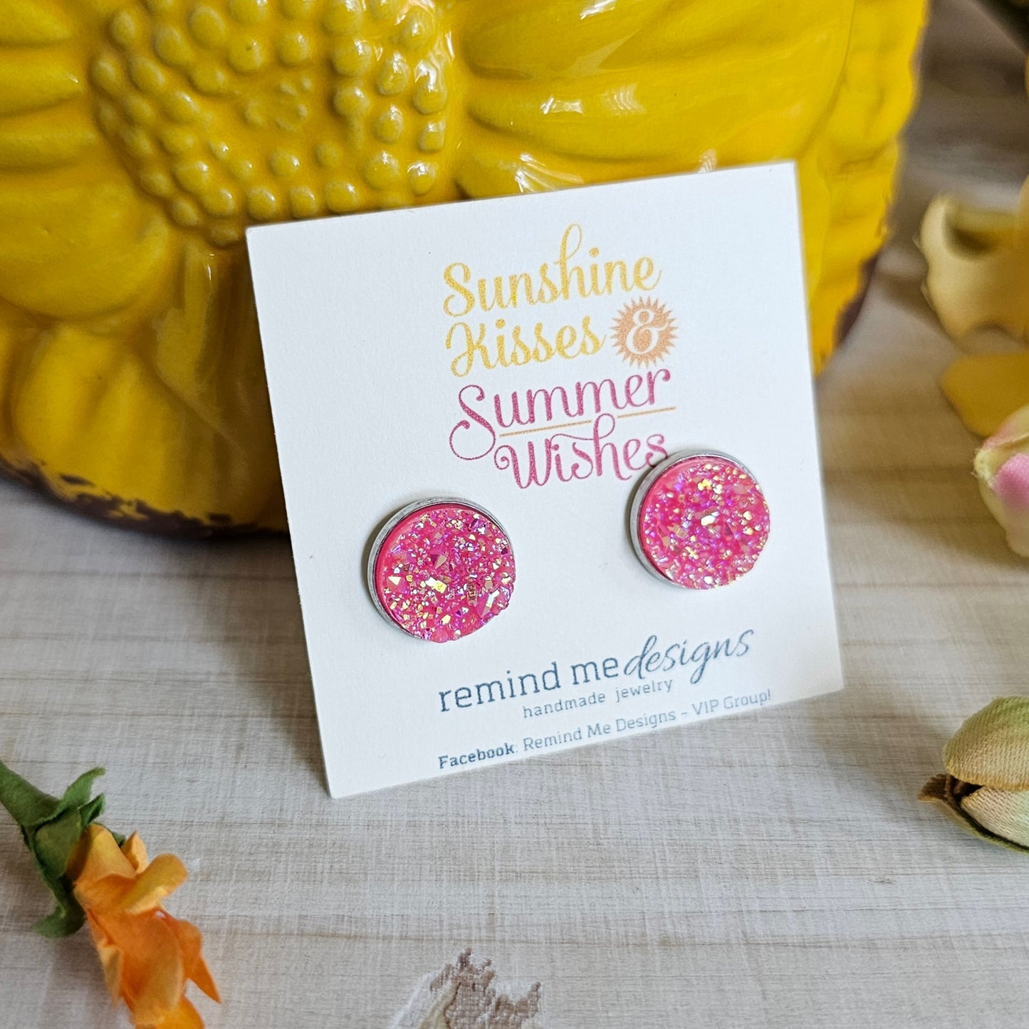 Pink Iridescent Druzy Stud Earrings