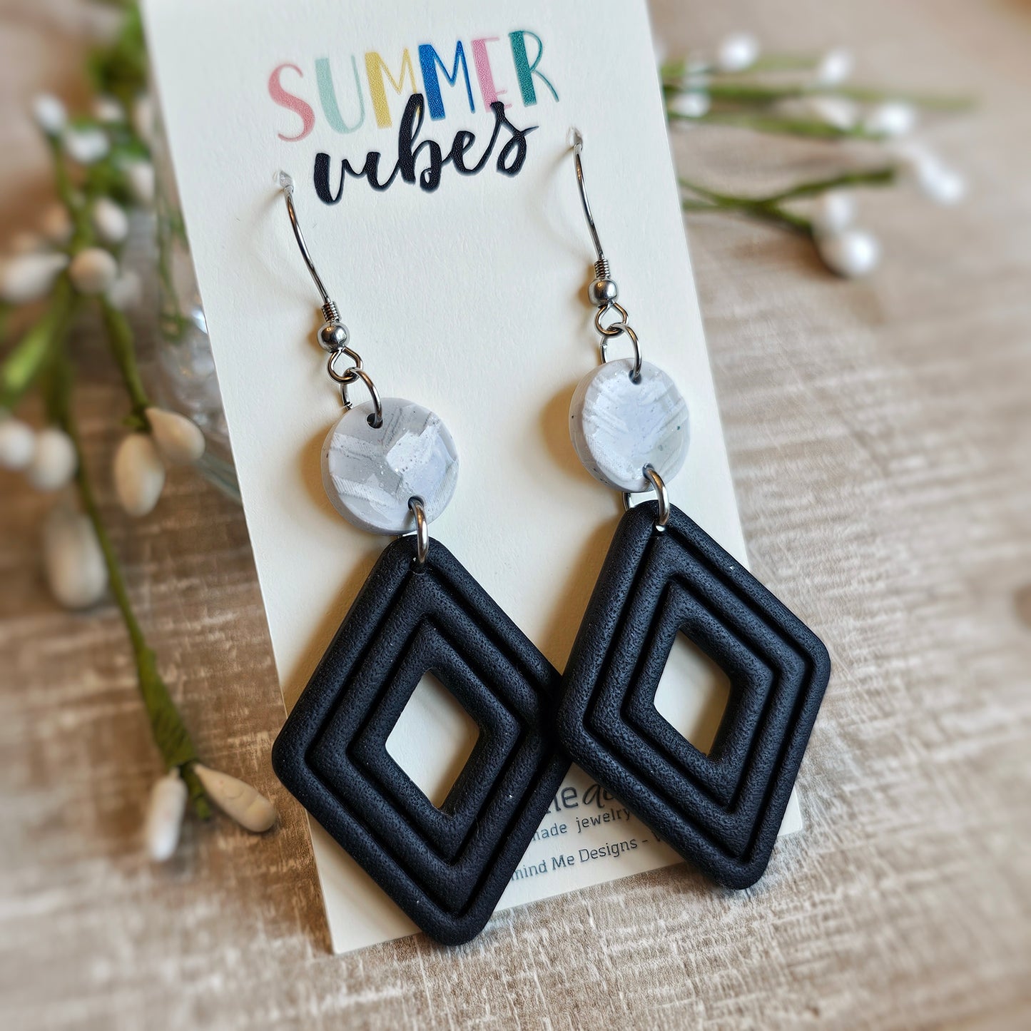 Gray and Black Clay Dangle Earrings