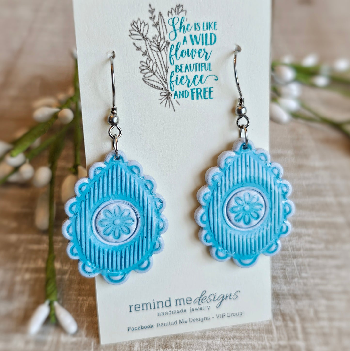 Blue Floral Clay Dangle Earrings