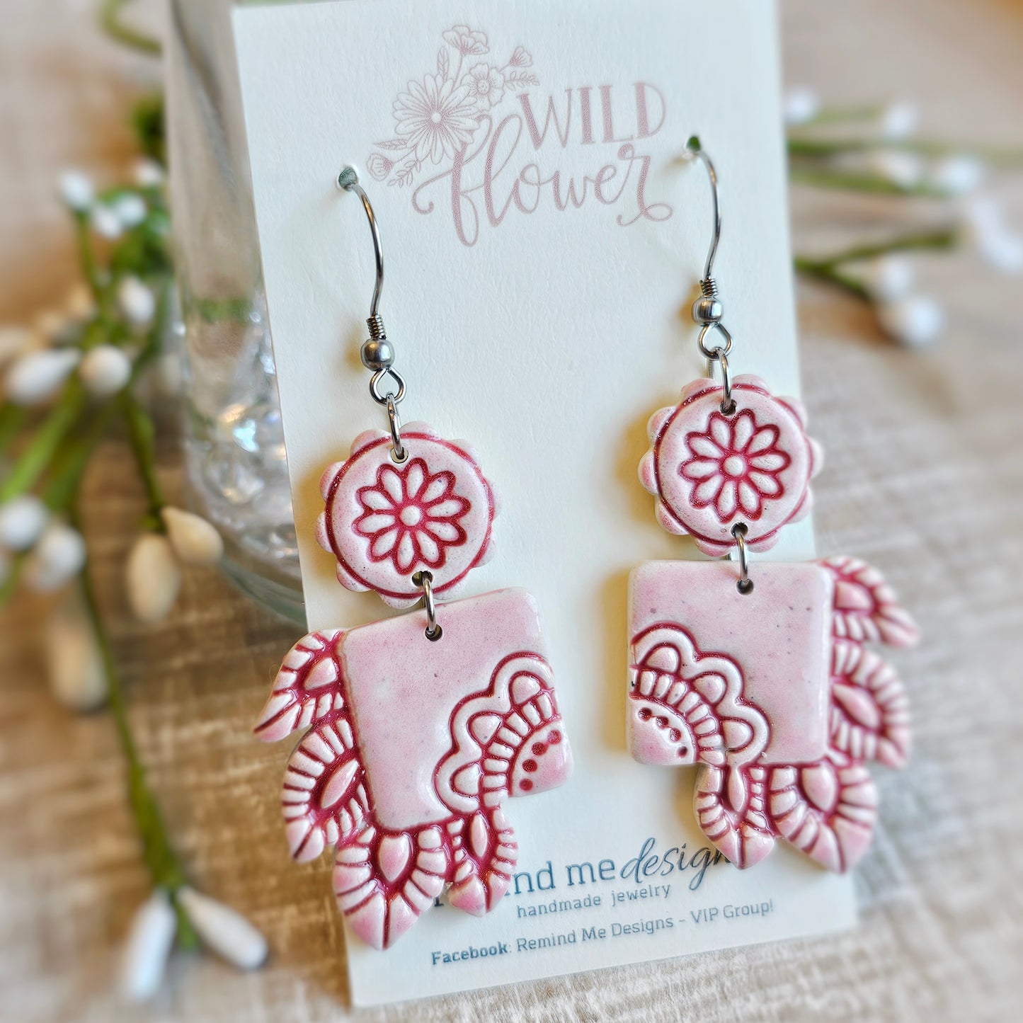 Pink Floral Clay Dangle Earrings