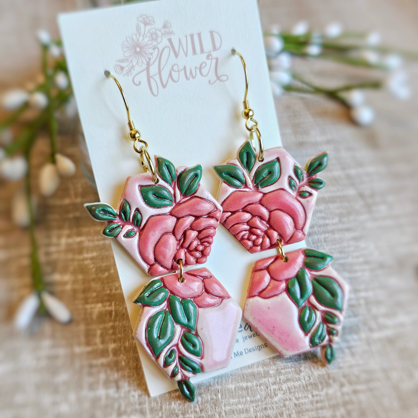 Pink Floral Clay Dangle Earrings