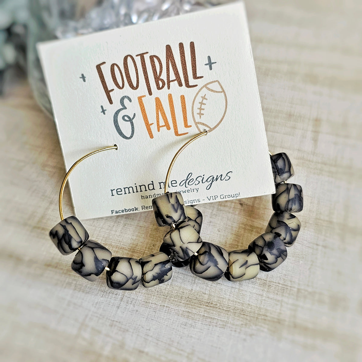 Black and Cream Marble Beaded Hoop Earrings