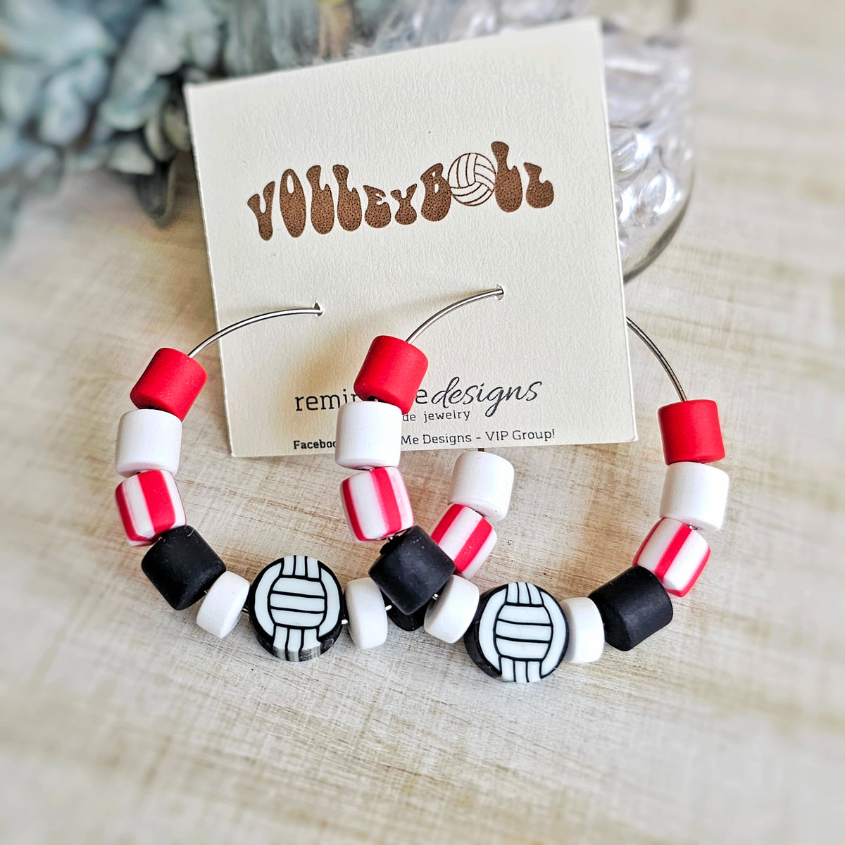 Volleyball Red and White Beaded Hoop Earrings