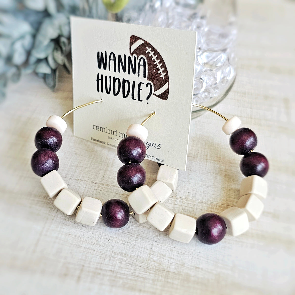 Burgandy Wooden Bead Hoop Earrings