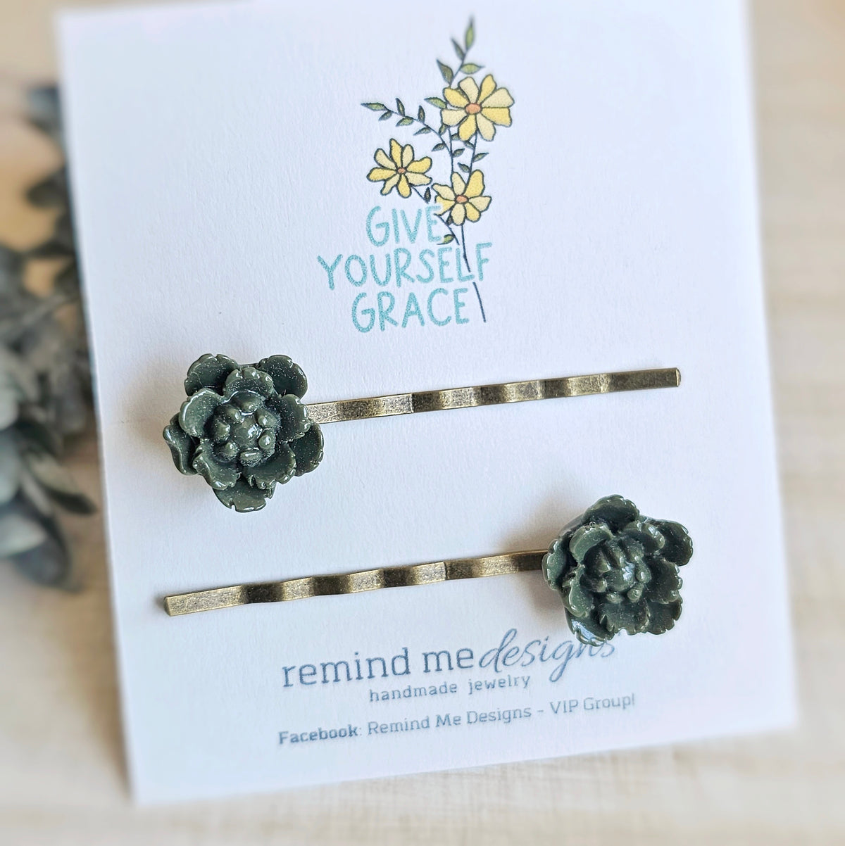 Green Floral Bobby Pins