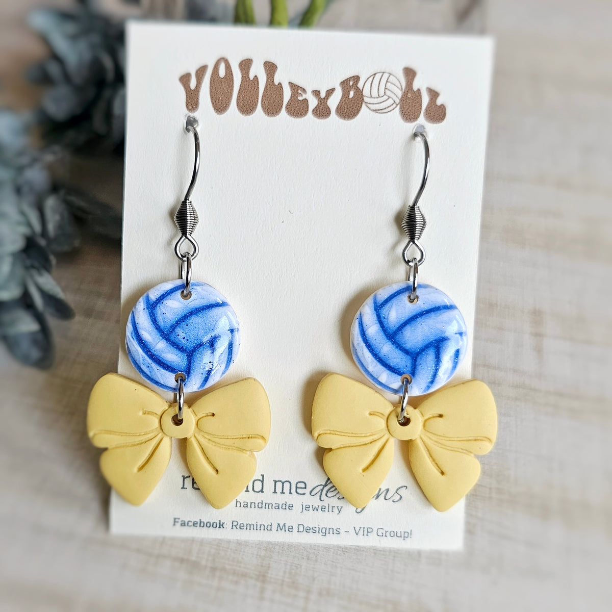 Blue Volleyball with Yellow Bows Clay Dangles