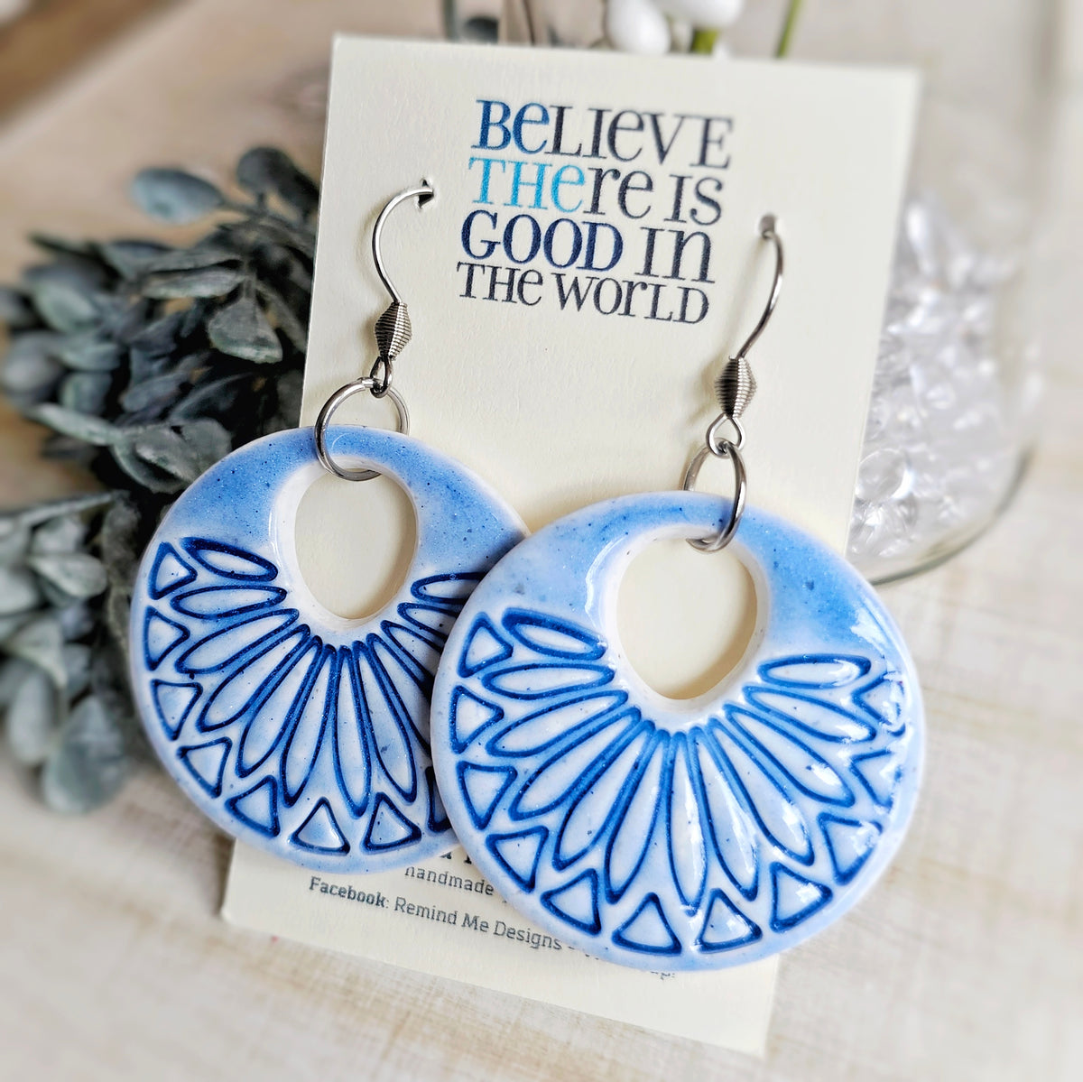 Blue and White Clay Dangle Earrings