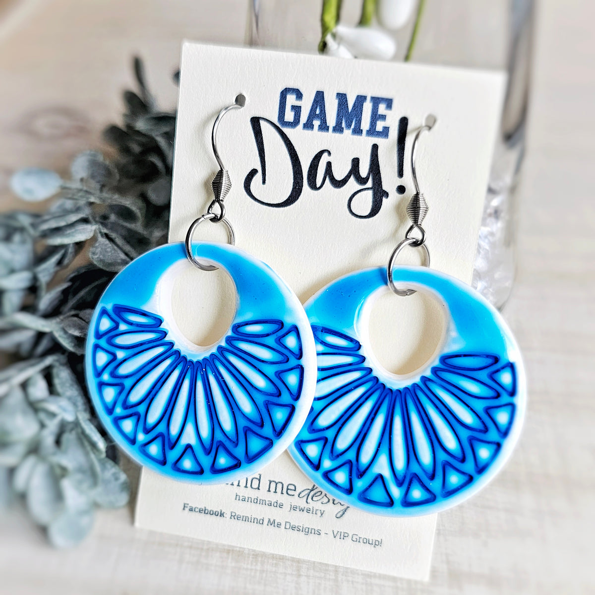 Blue and White Clay Dangle Earrings