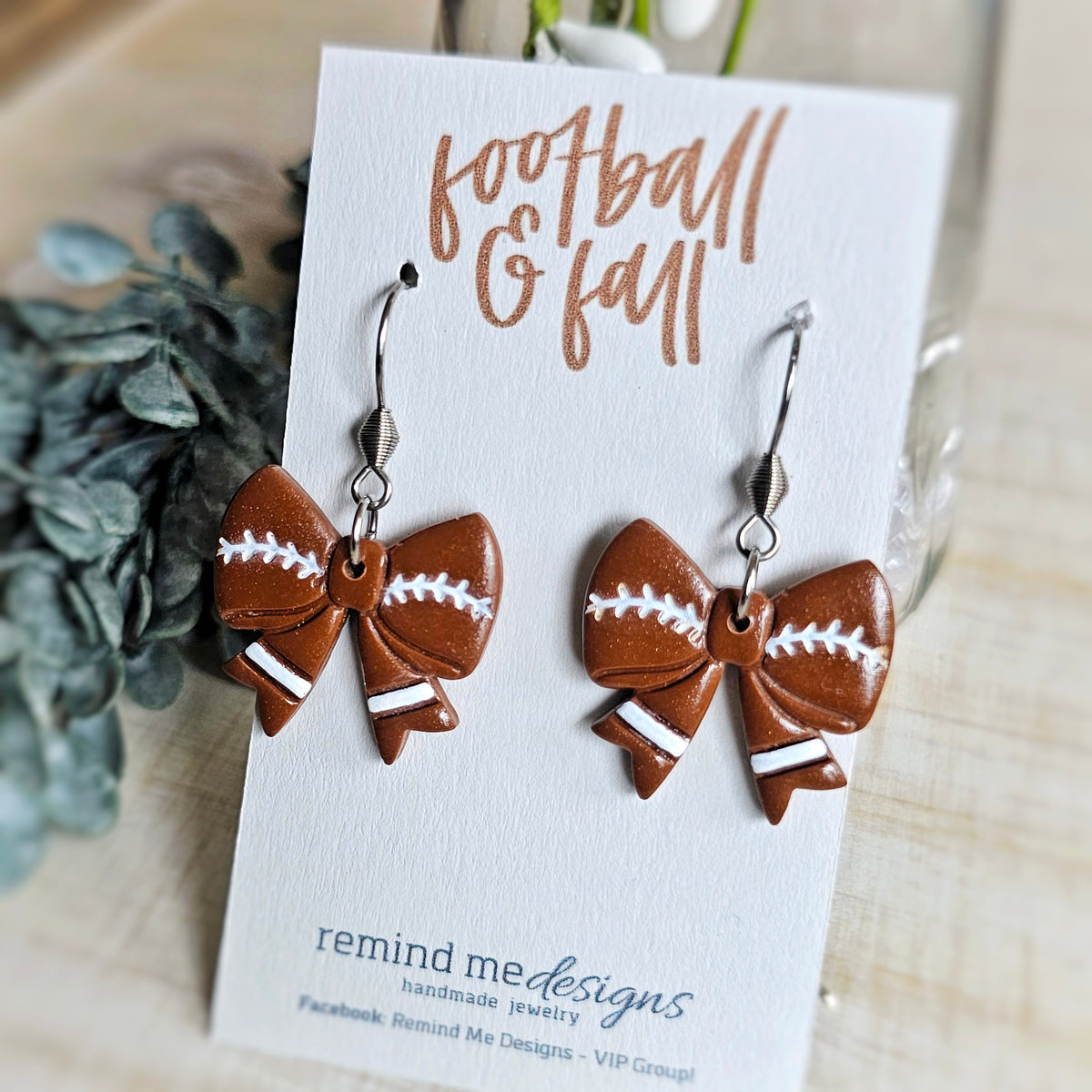 Brown Football Bow Clay Dangle Earrings