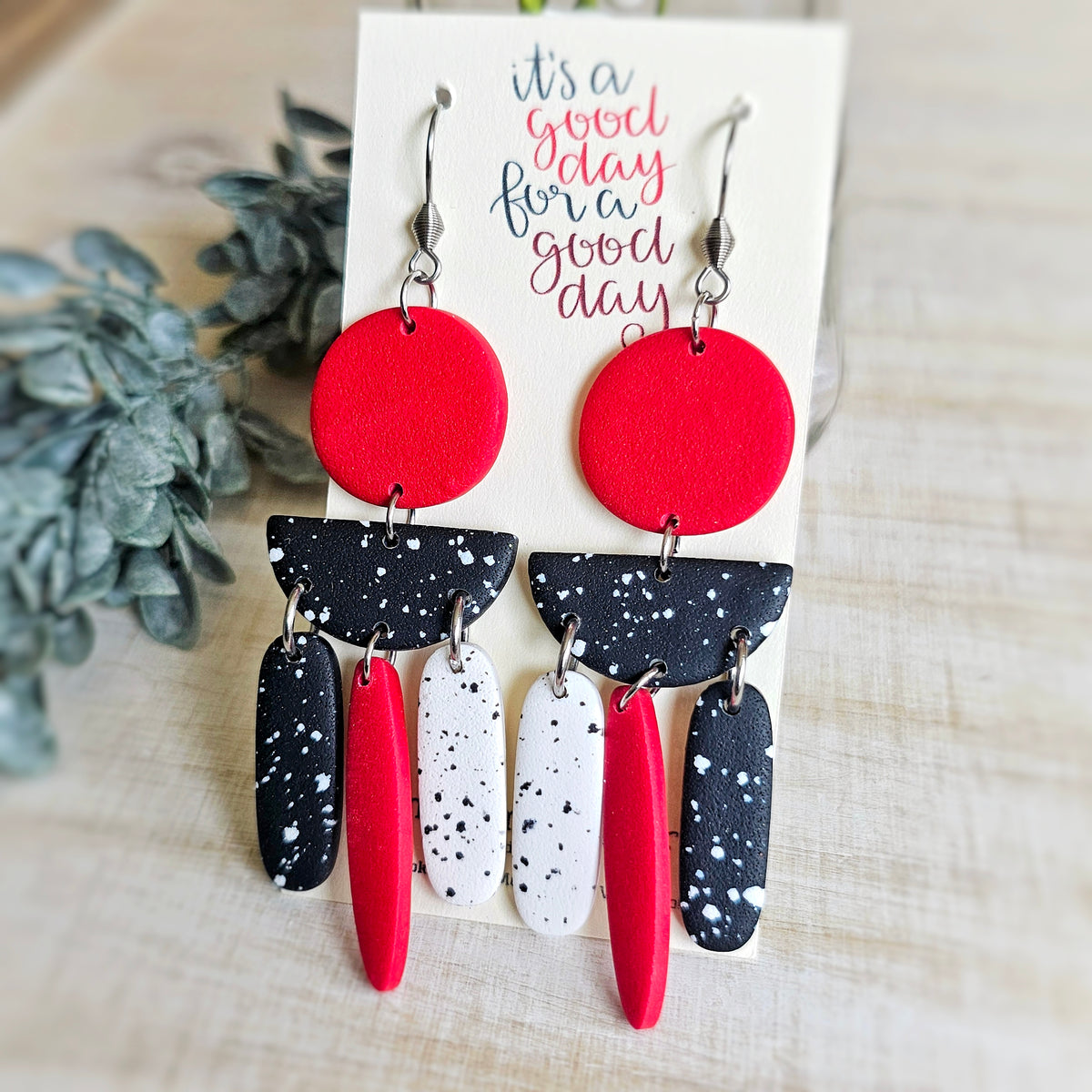 Red Black and White Clay Dangle Earrings