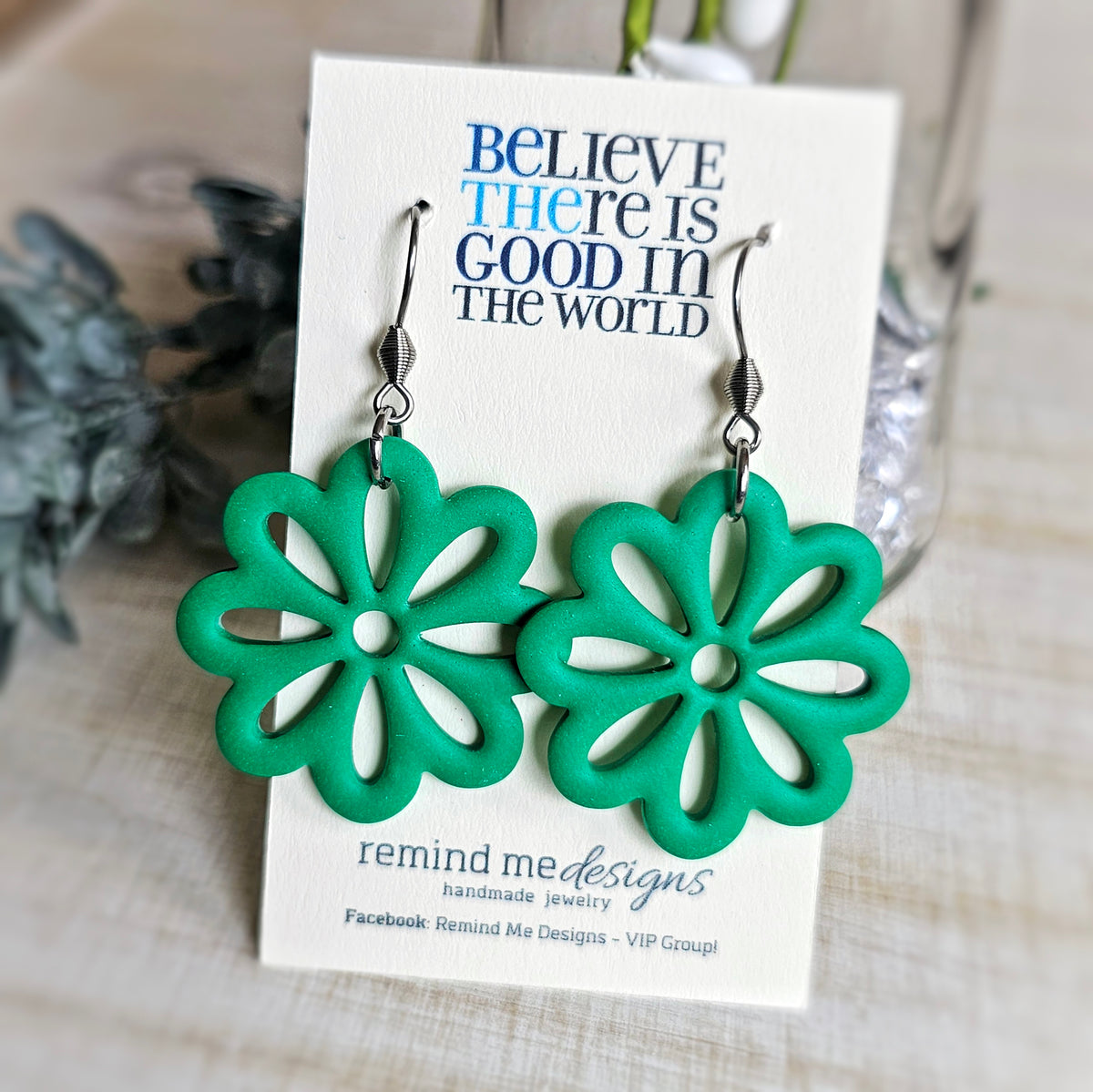 Green Flower Clay Dangles Earrings