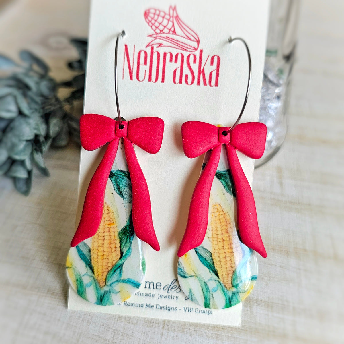 Nebraska Corn and Red Bows Clay Earrings
