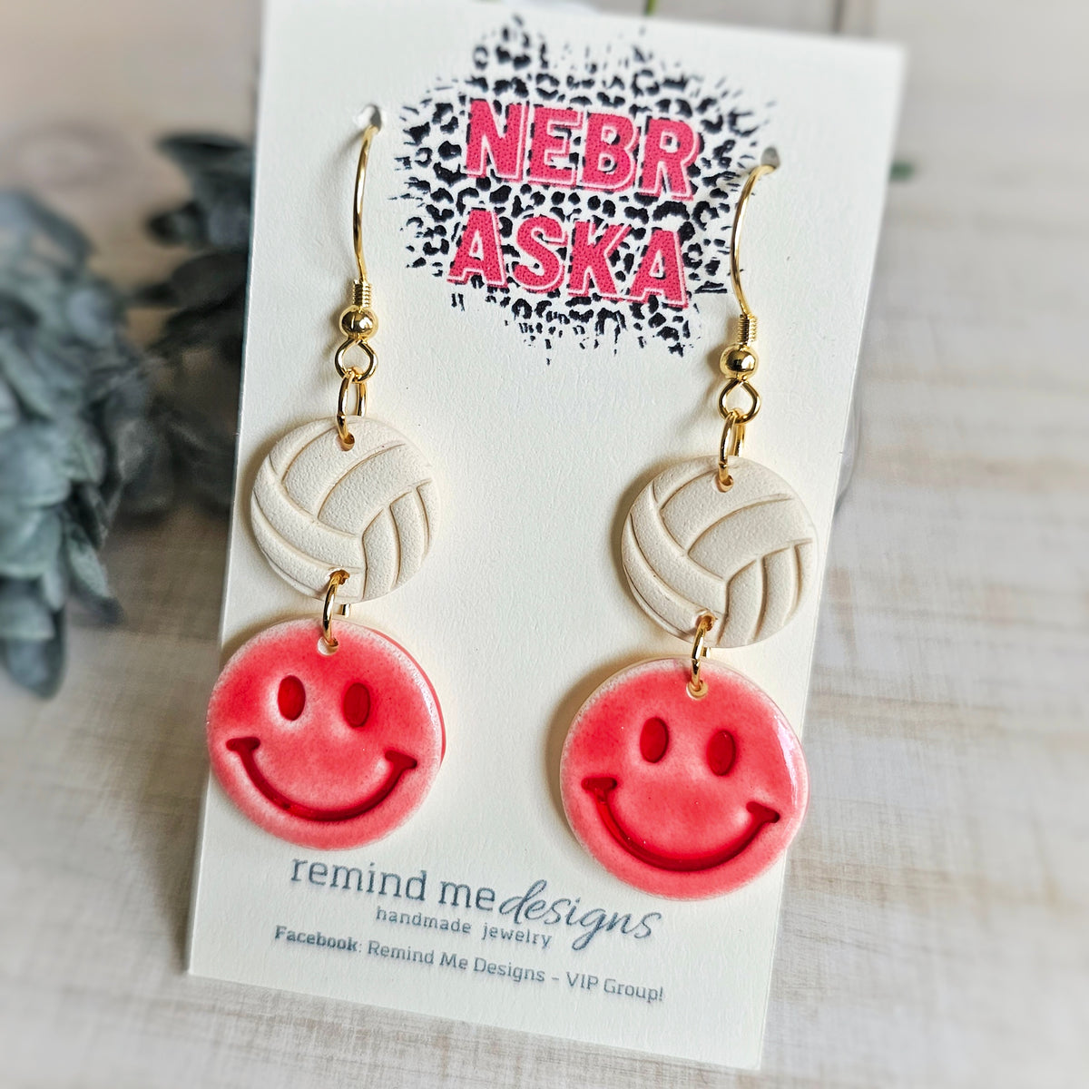 Cream Volleyball with Red Smiley Clay Dangle Earrings