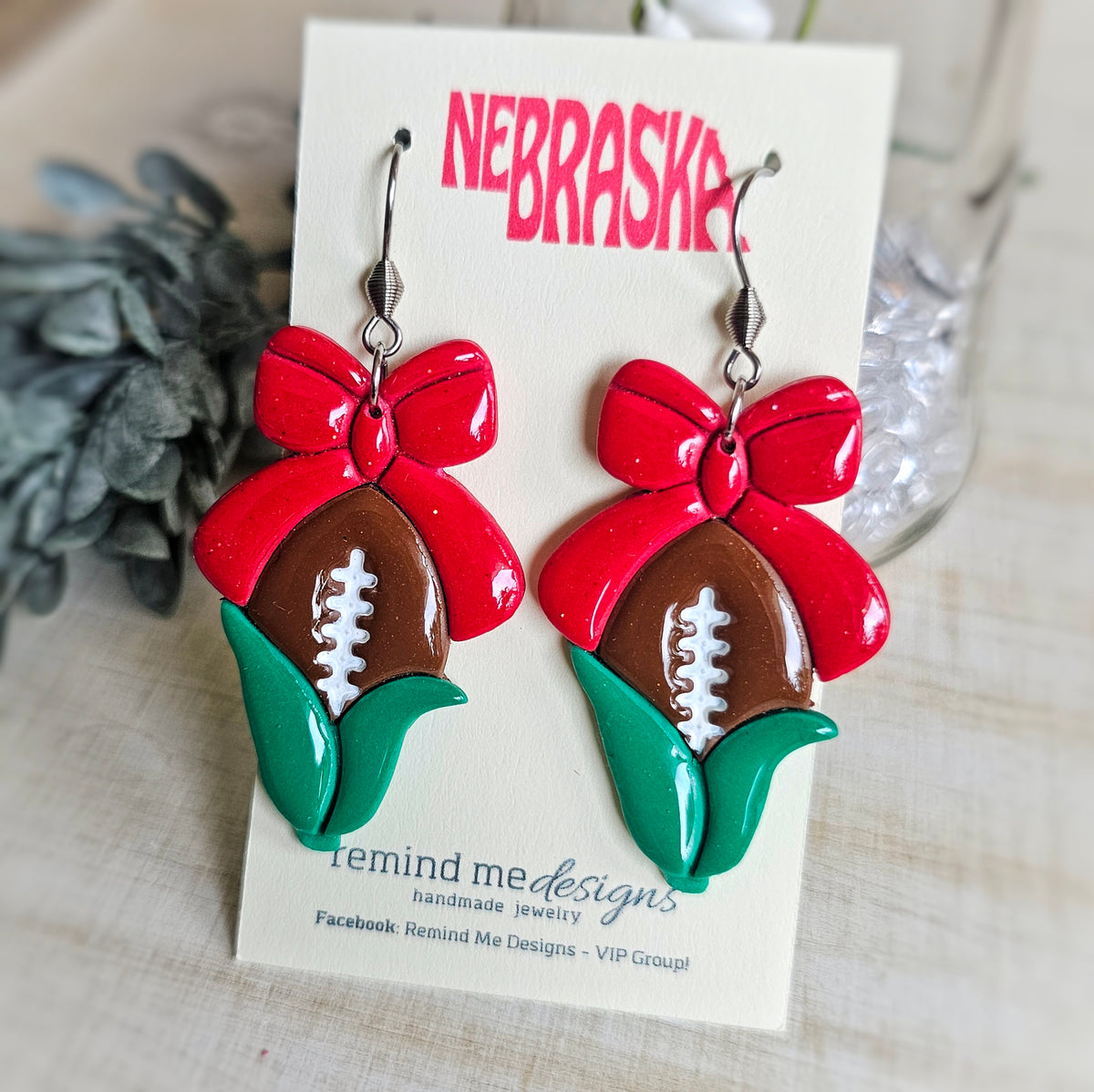 Brown Football with Red Bow NE Corn Clay Dangle Earrings