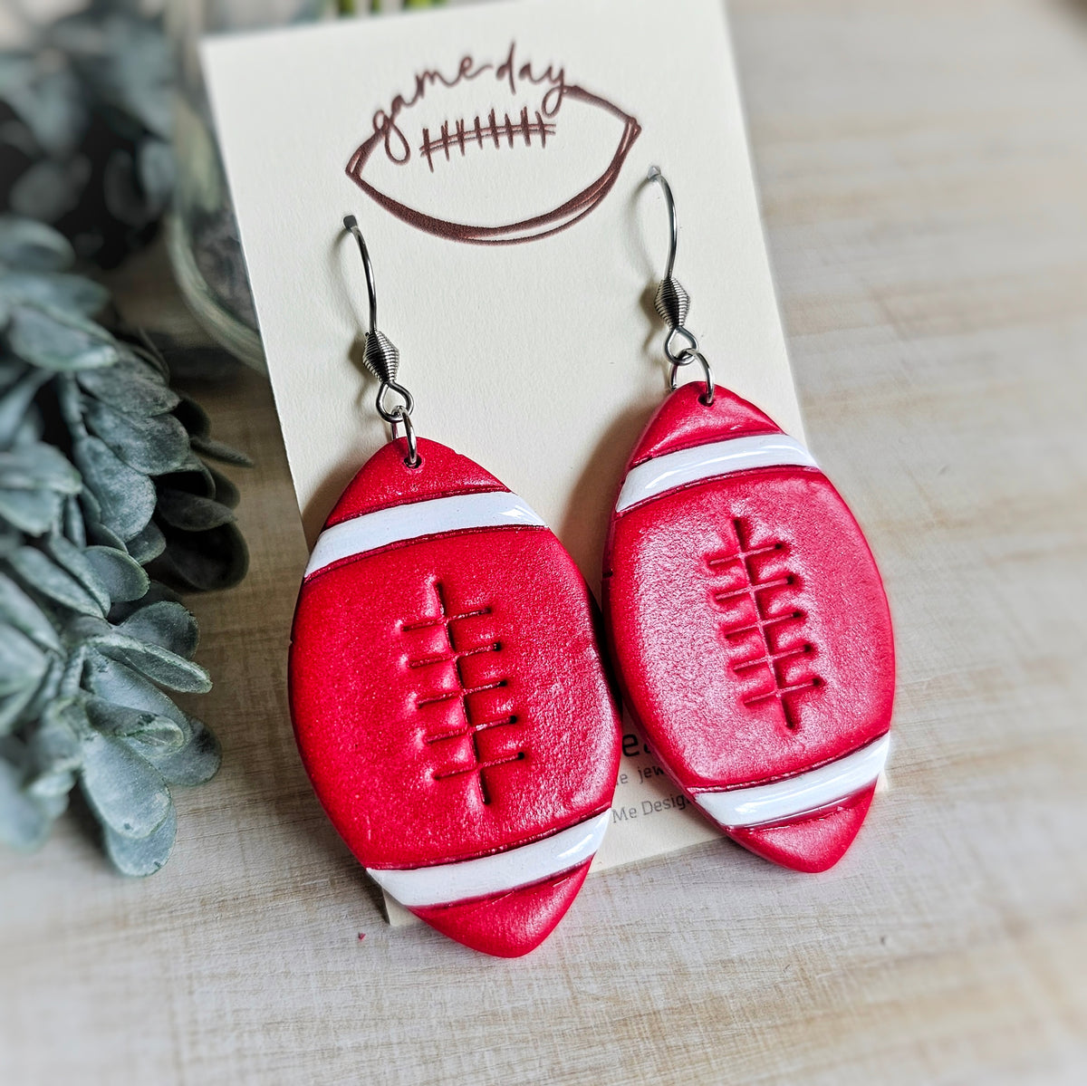 Red and White Football Clay Dangle Earrings