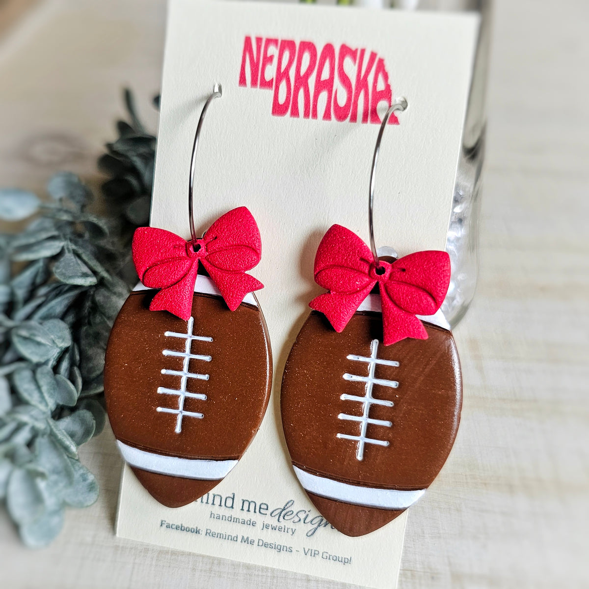 Brown Football with Red Bow Clay Dangle Earrings