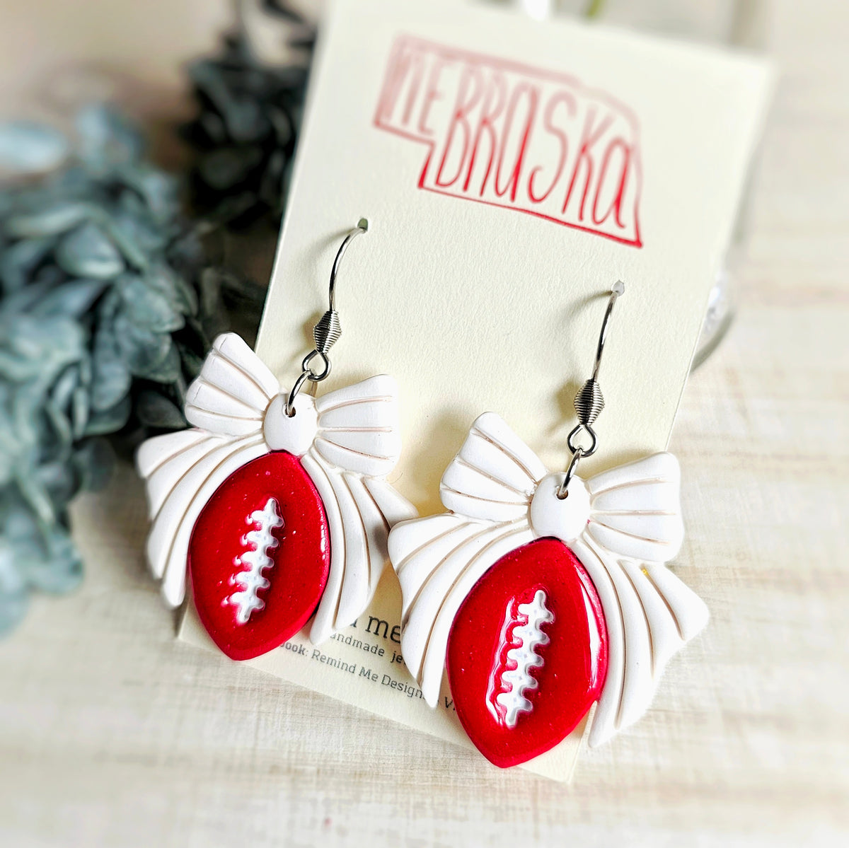 Red and White Football Clay Dangle Earrings