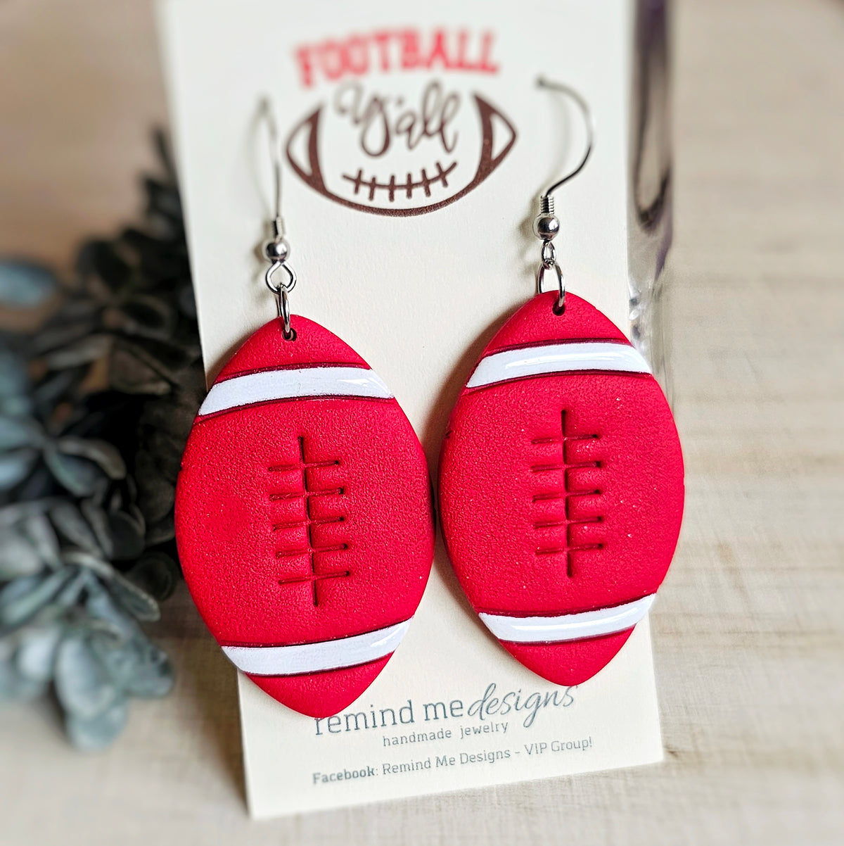 Red and White Football Clay Dangle Earrings