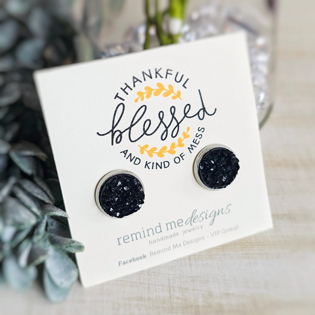 Black Druzy Stud Earrings