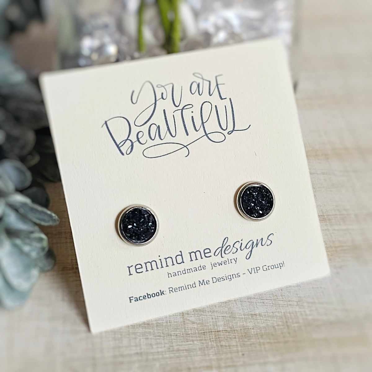 Black Druzy Stud Earrings