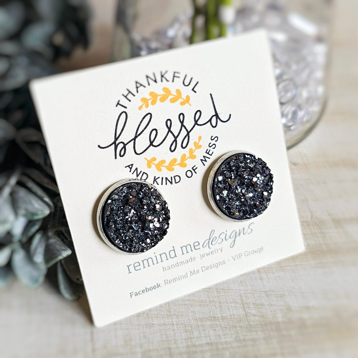 Gunmetal Silver Druzy Stud Earrings