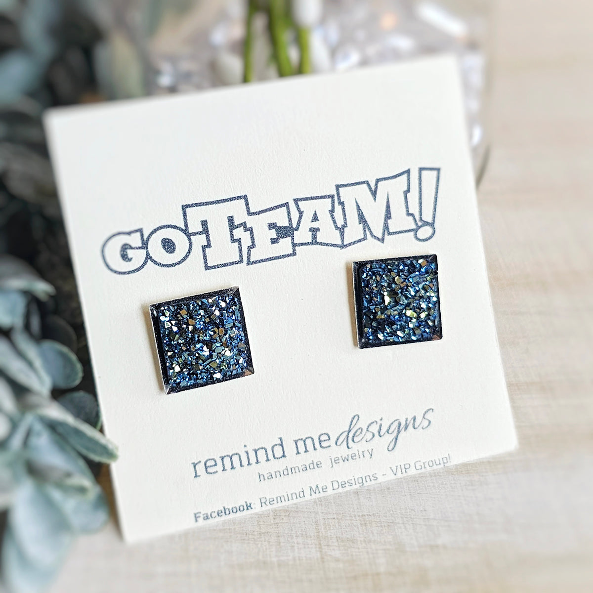 Blue Metallic Square Druzy Stud Earrings
