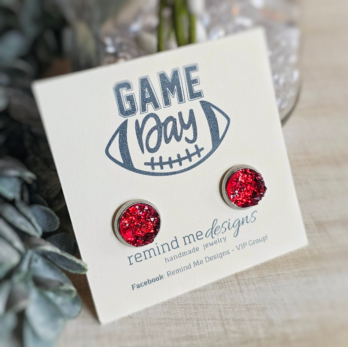 Red Druzy Stud Earrings
