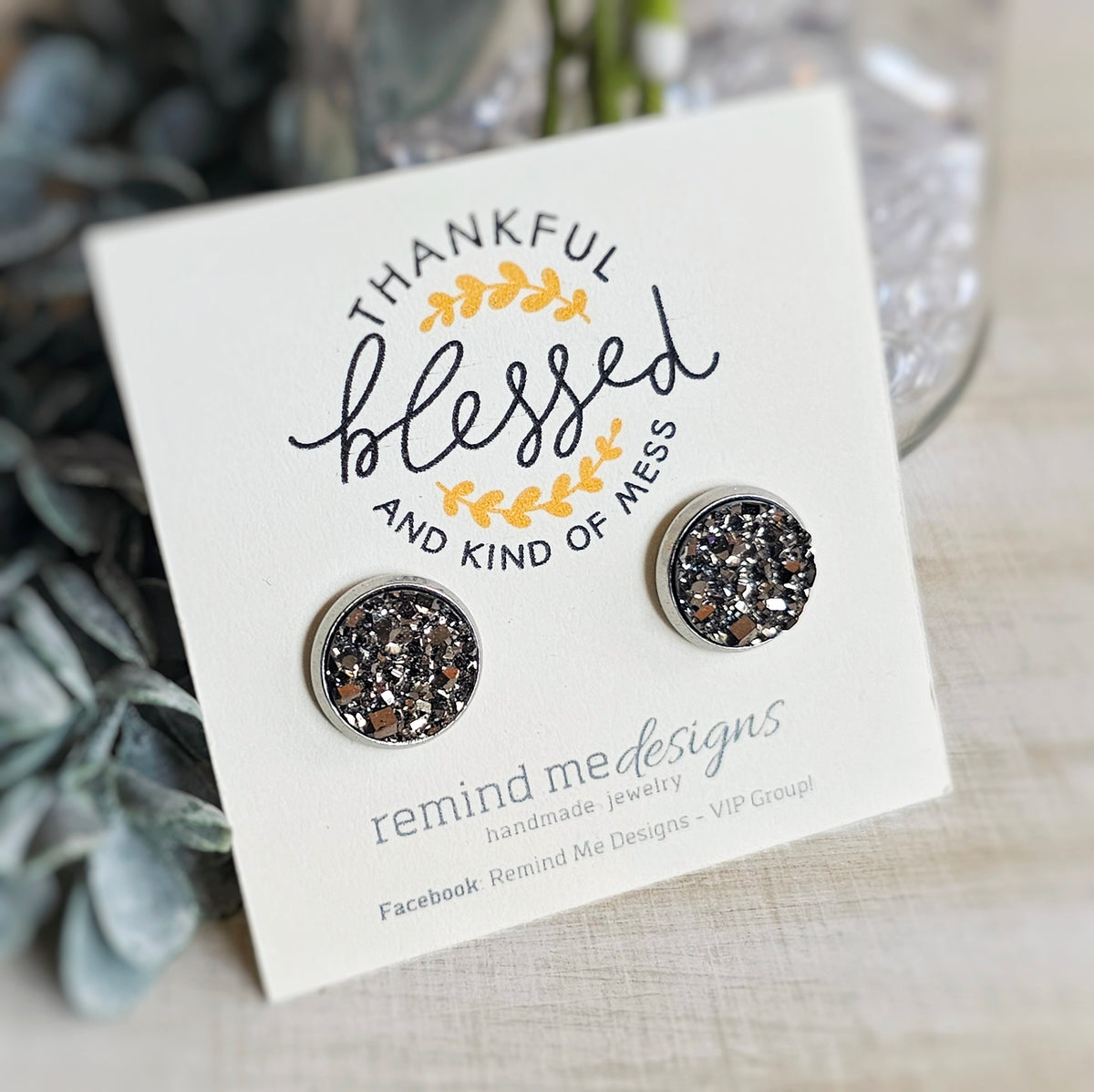 Gunmetal Druzy Stud Earrings