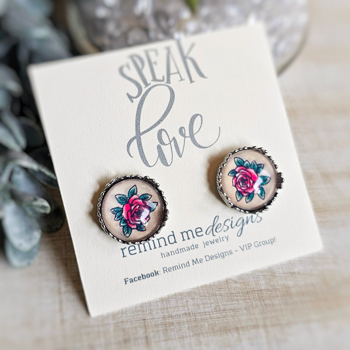 Rose Glass Cab Stud Earrings